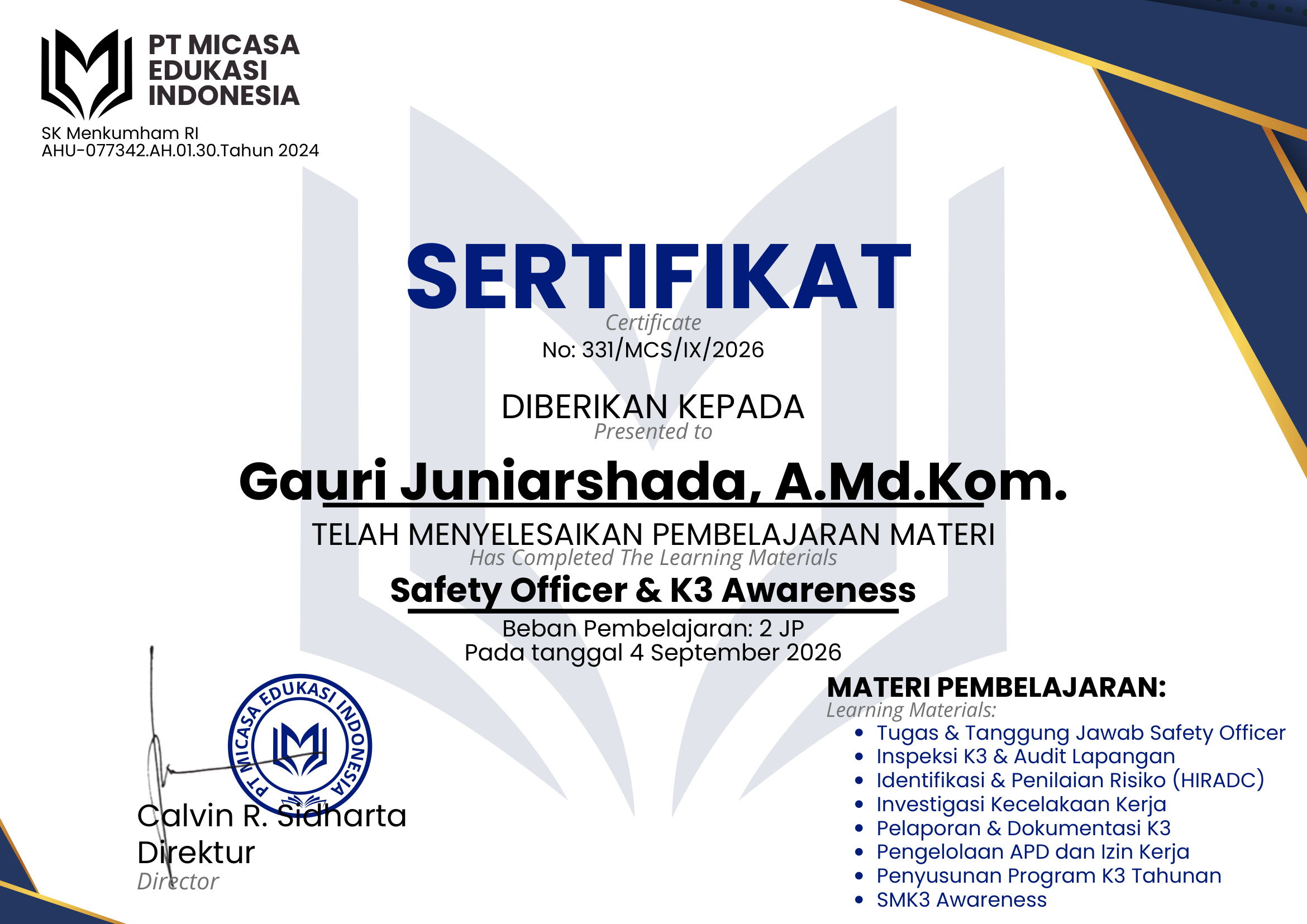 Pelatihan Online Safety Officer & K3 Awareness